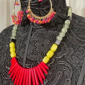 Vibrant Red and Yellow Beaded Necklace and Earring Set